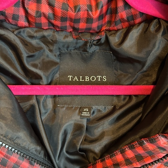 Talbots red and black gingham puffer coat with detachable faux fur hood size XS - Picture 2 of 6